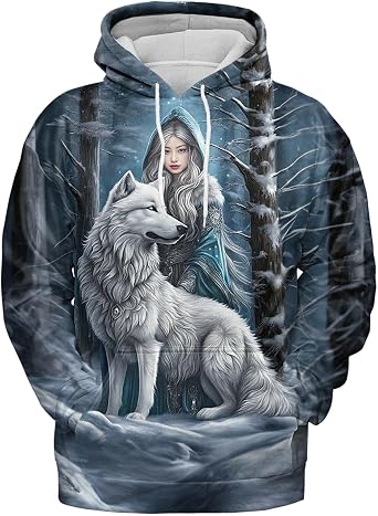 Wolf Hoodies For Men 3D Print Three Wolf Moon Adults Wolves Face Hooded Galaxy Sweatshirt Wolf
