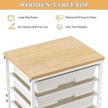 Rolling Storage Cart with 8 Drawers Wooden Tabletop, Art Craft Organizer Utility Cart with Lockable Wheels, for Living Room,Office,Classroom,Craft Room,Bedroom,Dorm White