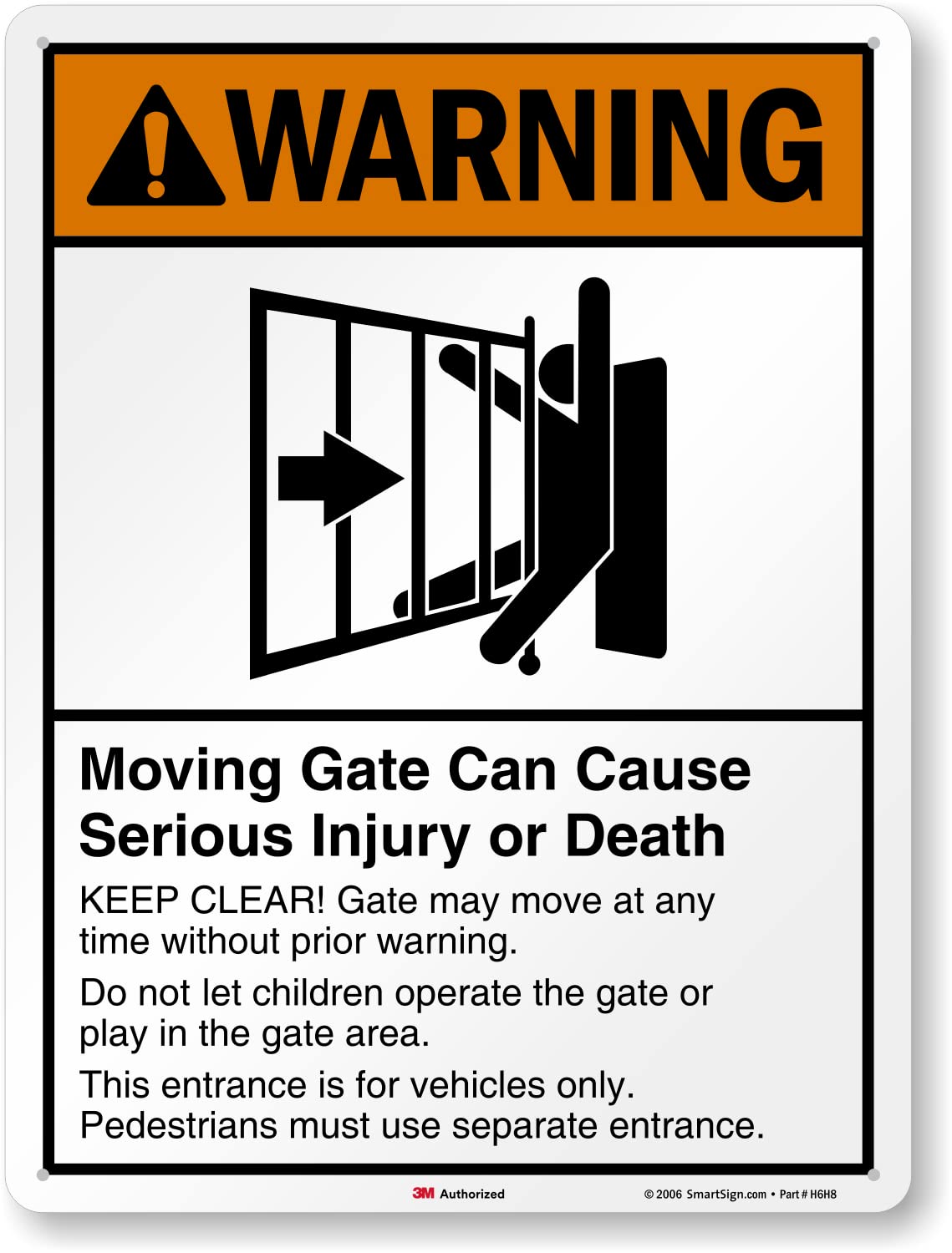 SmartSign 18 x 12 inch “Warning - Moving Gate Can Cause Injury Or Death” Metal Sign, 63 mil Laminated Rustproof Aluminum, Black, White and Orange, Made in USA — Amazon image 5
