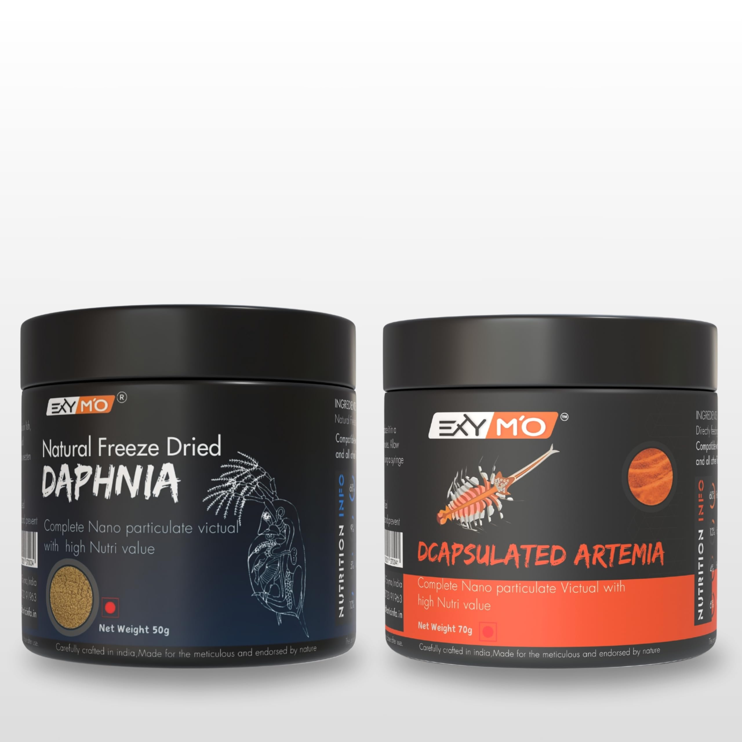 EXYMO Freeze-Dried Daphnia 50g & Decapsulated Artemia Baby brine Shrimps Eggs 70g for Guppy, Betta Fish, All Tropical Fish Fries, All Aquarium Fishes at All Life Stages (Combo Pack of 2)