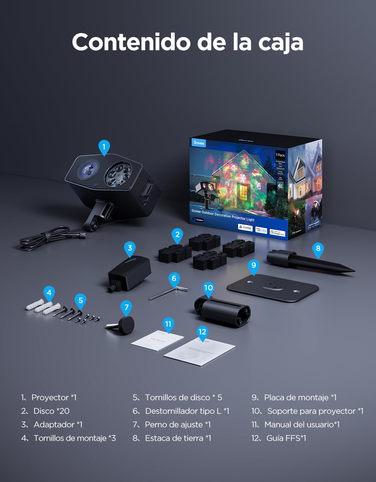 Govee Proyector de Copos de Nieve para Exteriores, con Efecto de Onda de Agua Móvil, Luces de Jardín Impermeables, 58 Modos de Escena y 20 Imágenes Proyectadas, con Alexa, Matter y Asistente de Google