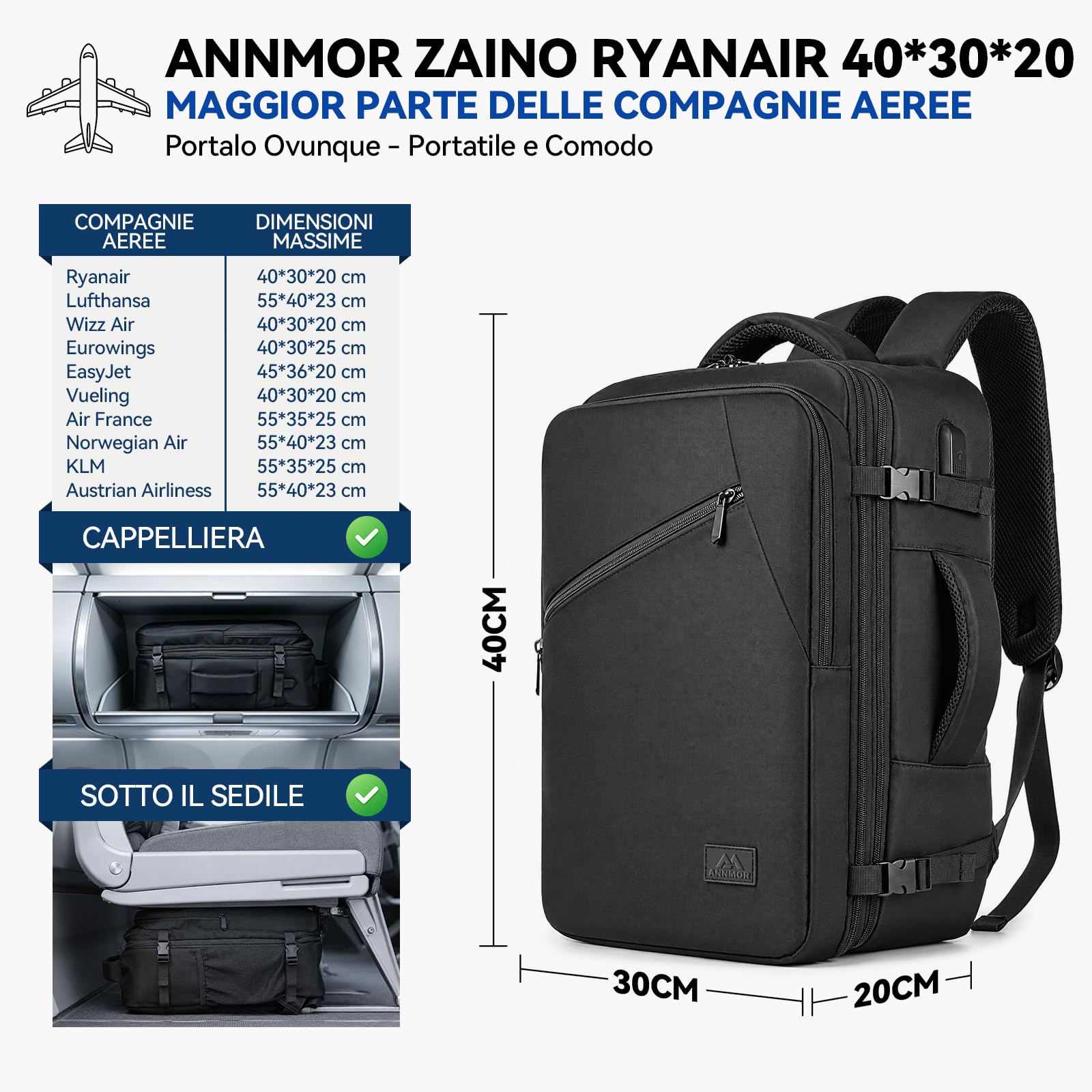Zaino da Viaggio, 24L Zaino da Cabina 40x30x20 Conforme Ryanair, Espandibile fino a 30L per Laptop 15,6" e Porta USB, Ideale per Viaggi Brevi e Weekend - Nero