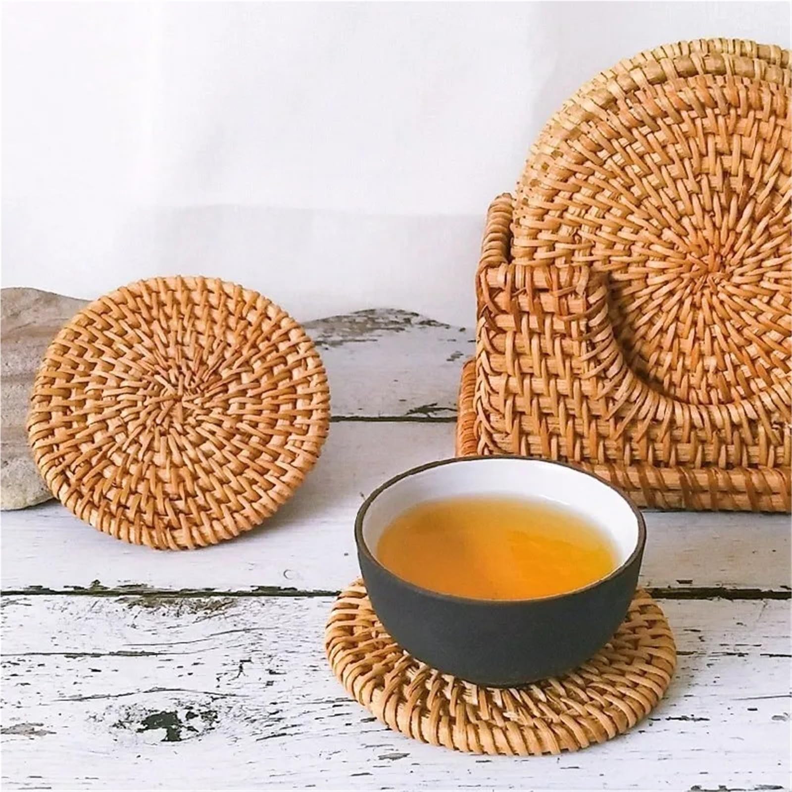 Set di sottobicchieri in rattan intrecciato a mano da 6 pezzi con supporto portaoggetti Per Tavolo