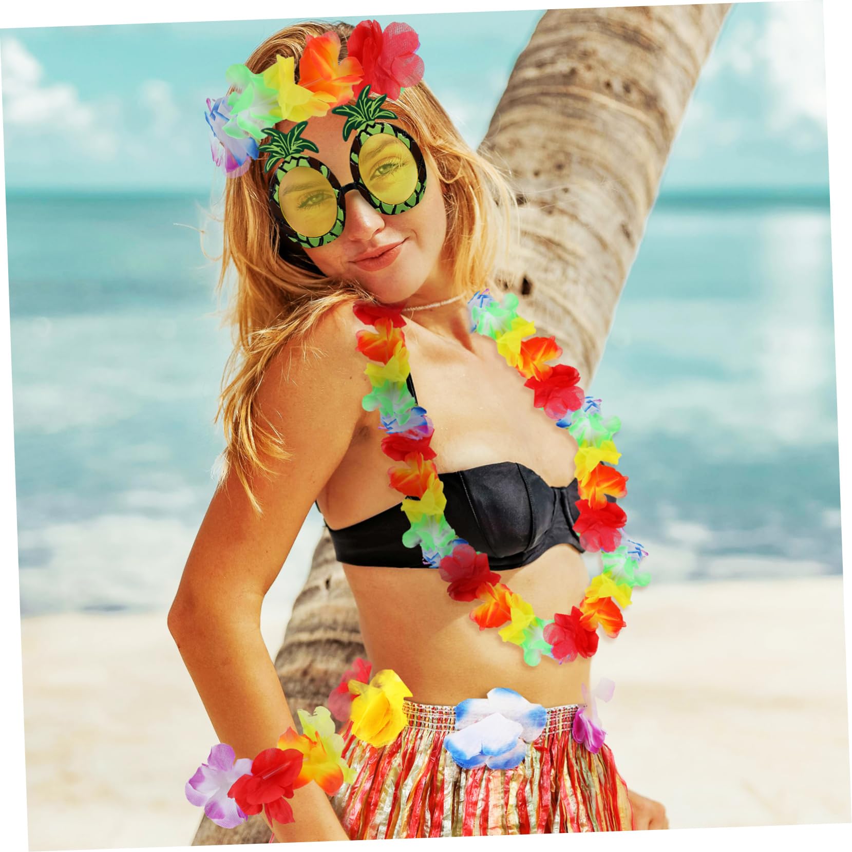 FRCOLOR Falda De Hierba Para Mujer Traje De Fiesta Gafas Para Bebé Faldas De Hierba Para Luau Para Mujer Tropical Recuerdo De Festival Trajes De Dama Hierba Hula LED Sol Falda