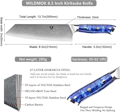 Miniatura 7 de WILDMOK Kiritsuke Cuchillo de chef clásico de 8.5 pulgadas, acero de Damasco japonés, mango ergonómico de resina, caja de regalo