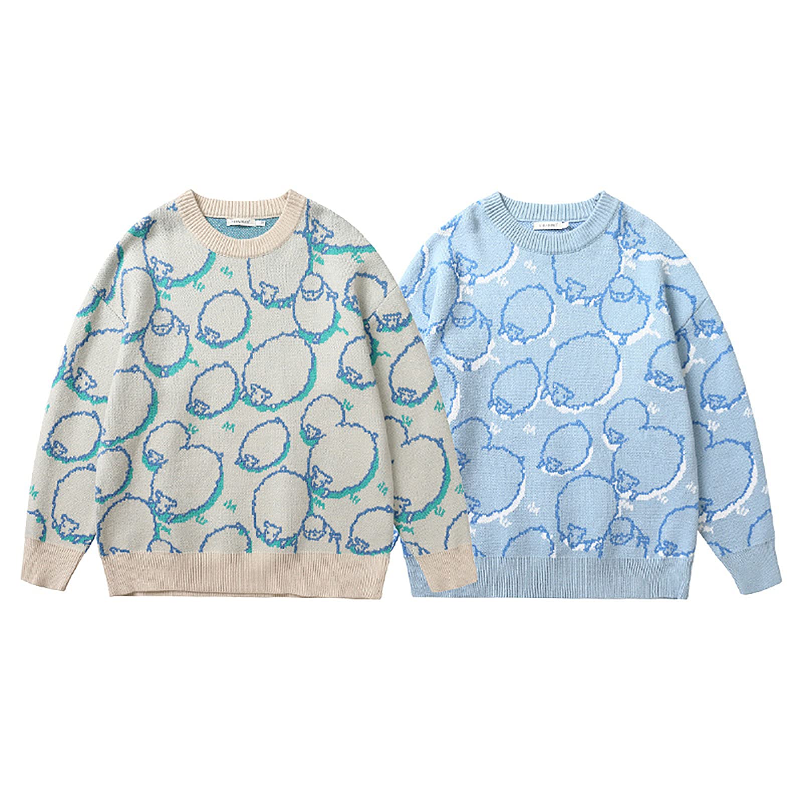 Męski sweter z okrągłym dekoltem uroczy mały owca nadruk koszula z długim rękawem pasująca dla par na co dzień dzianinowa bluza unisex