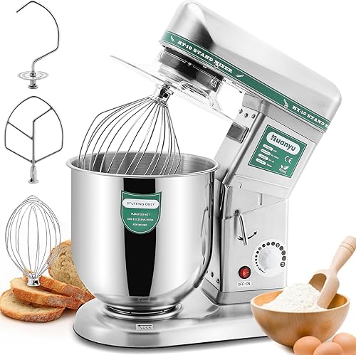 Huanyu Mezclador de pie comercial 10QT 500W Licuadora de masa eléctrica con tazón de acero inoxidable 3 en 1 Multifuncional Máquina mezcladora de