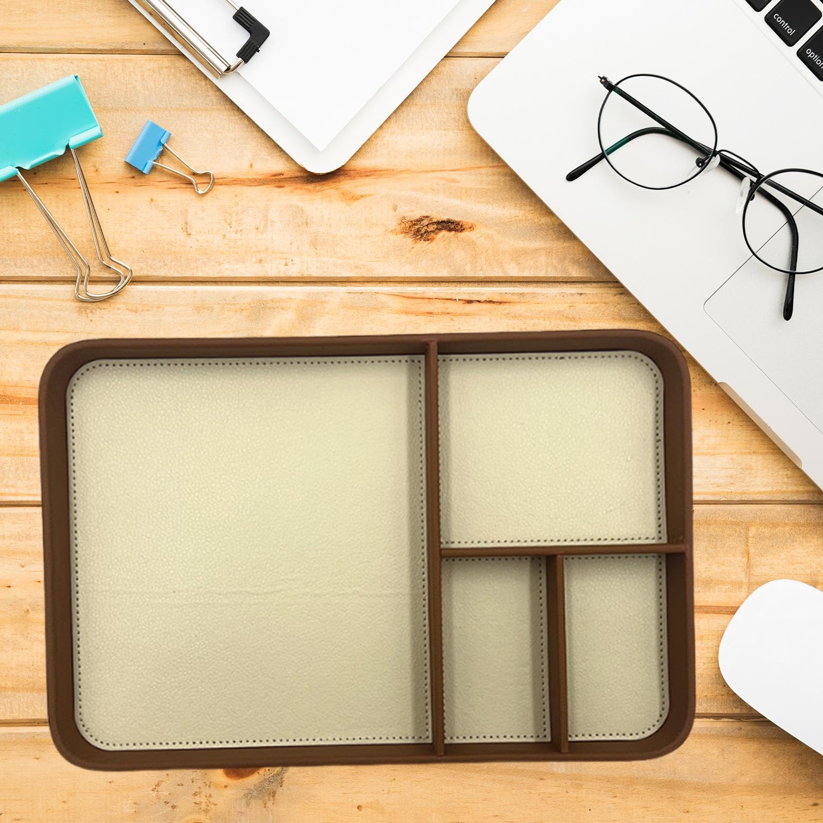 Colcolo Bandeja de Valet Bandeja 4 Compartimento para Hombres Recipiente de Almacenamiento de Organizador Moderno Moderno para la Billetera joyería, Marrón Beige