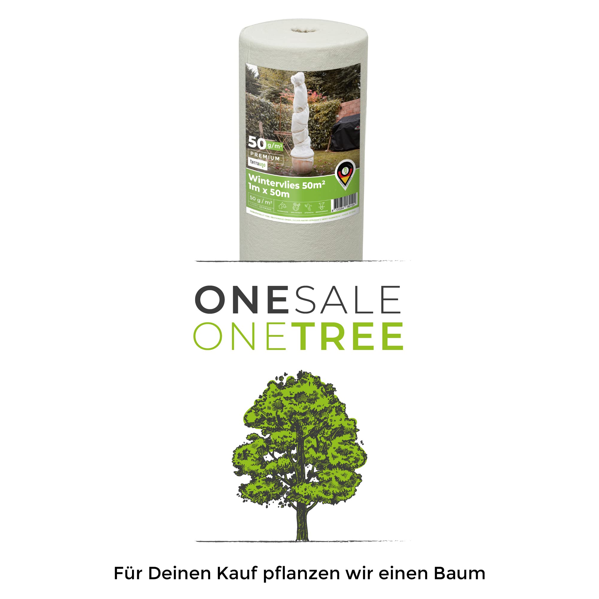 TerraUno - Wintervlies 50 g/m² - 1m x 50m = 50m² I Frostschutzvlies Rolle I Winterschutz für Deine Pflanzen im Winter