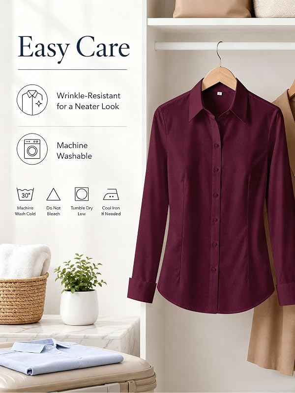 BBIBBI Women Long Sleeve Button Down Work Shirts Burgundy Size S-Petite by BBIBBI - Used condition - Image 6