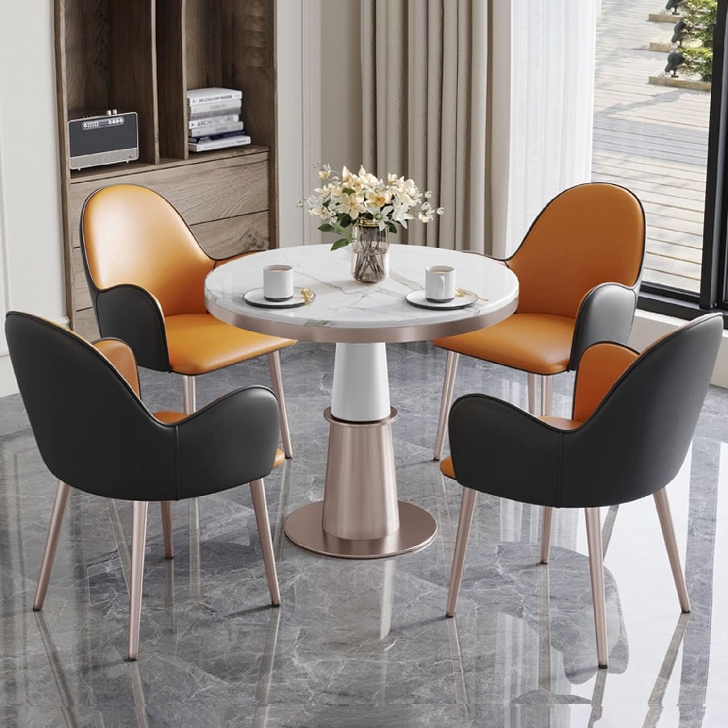 Round Office Reception Table and Chair Set for Small Conference Room 80cm Coffee Table with 4 Chairs for Lounge in Light Gray and Blue，Orange+Dark Gray One Size