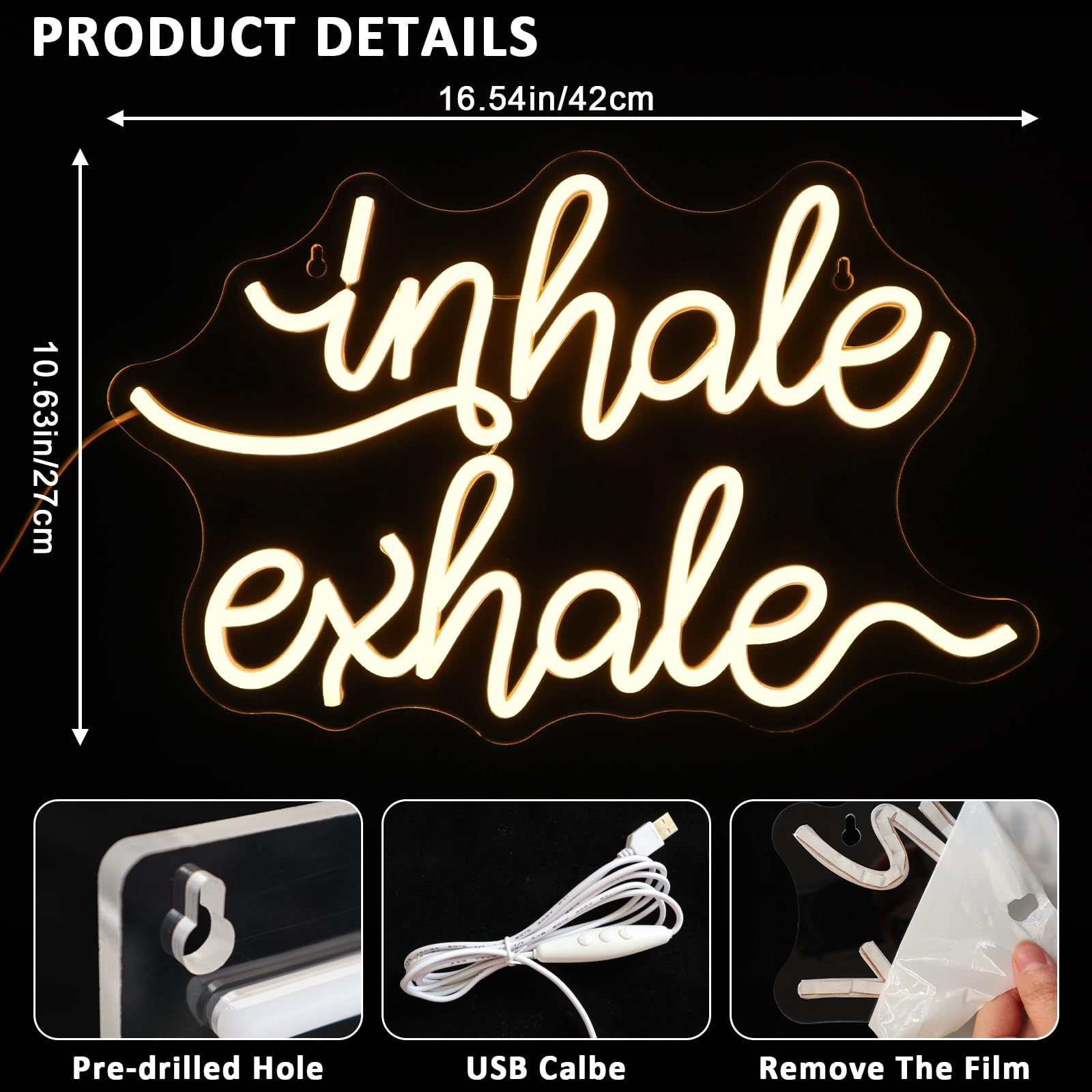 PMCVYH Inhale Exhale Neon Sign for Wall Decor, Warm White Led Signs for Room, USB Dimmable Neon Lights for Yoga Meditation Studio Bedroom Home Living Room Party Cafe Business Pub Wall Art