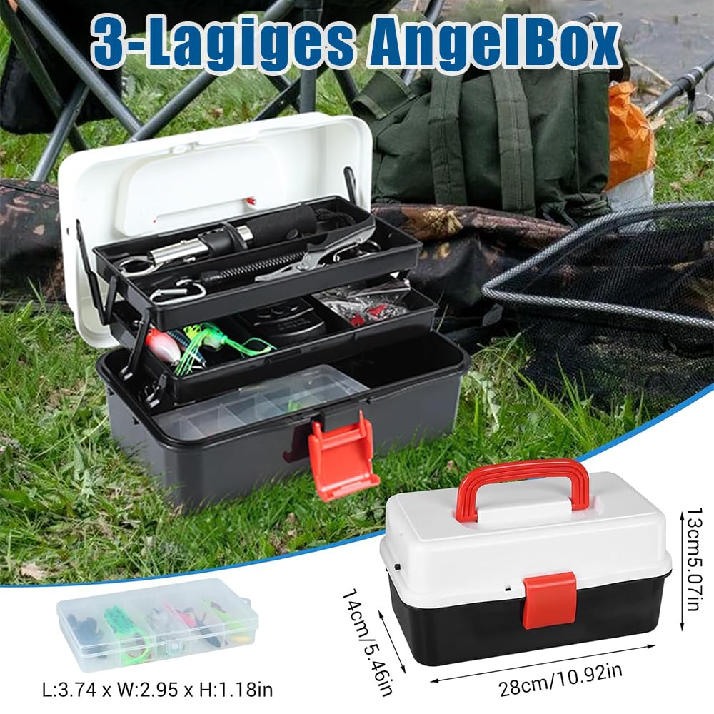 213 PCS Angelzubehör Set mit Lippenclips, Angelwaage，Hakenentferner, Haken, Angelköder etc,Angelkasten Set für Barsch und Forellen, 3-Regal Angelkoffer mit Zubehör für Kinder Erwachsene Anfänger