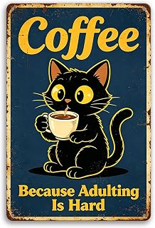 Vintage Black Cat Metal Coffee Sign, Funny Kitchen Decor 8x12 Inch | Coffee Because Adulting Is Hard, Rustproof Cat Coffee Aluminum Wall Art, Gift for Coffee Bar & Cat Lovers