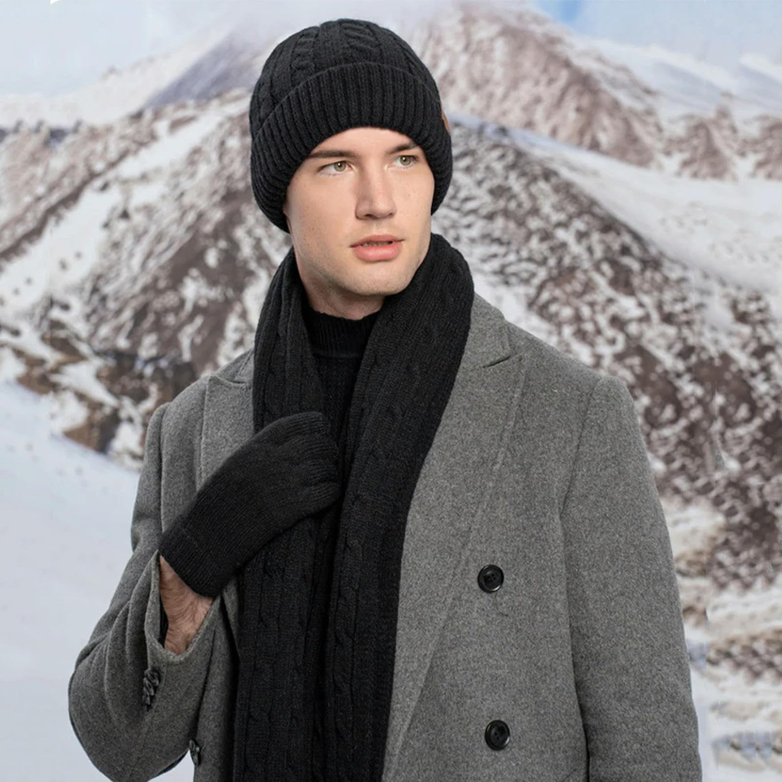Schal Mütze Handschuh Set 3Pcs Thermisch Warm Gestrickte Beanie Cap Schal Wärmerer Touchscreen -Handschuh Outdoor -Sportarten