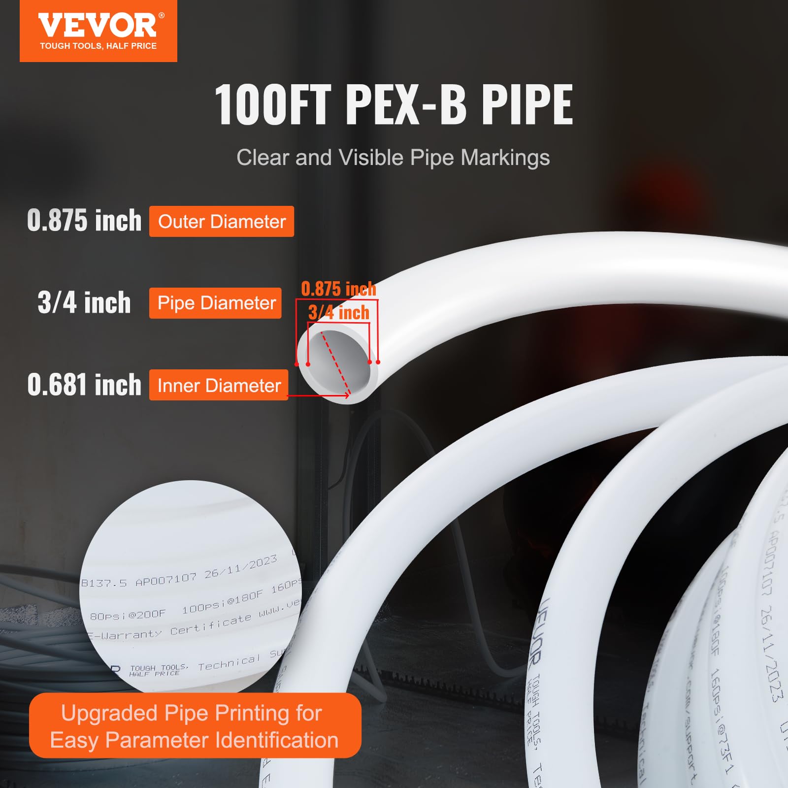 VEVOR PEX Pipe - Tubo flexible de 3/4 pulgadas, barrera sin oxígeno de 100 pies PEX-B para agua potable, para agua caliente/fría y restauración fácil, aplicaciones de fontanería con cortador y
