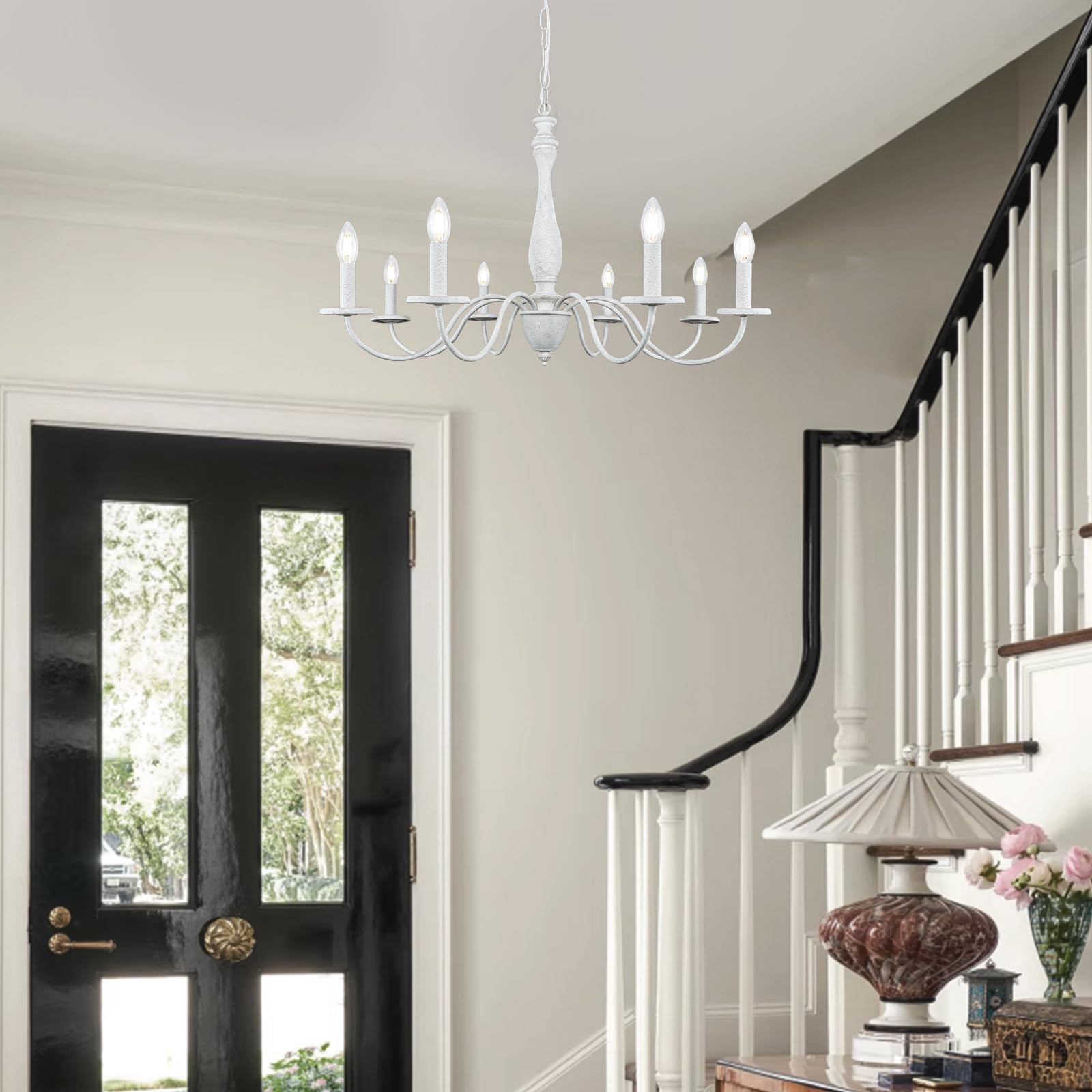 Bianco Lampadario Camera da Letto Classico, 8 Luci Vintage Shabby Chic Lampadario a Sospensione Legno e Ferro, Altezza Regolabile Francese Country Rustico Lampadari Moderni Soggiorno Cucina
