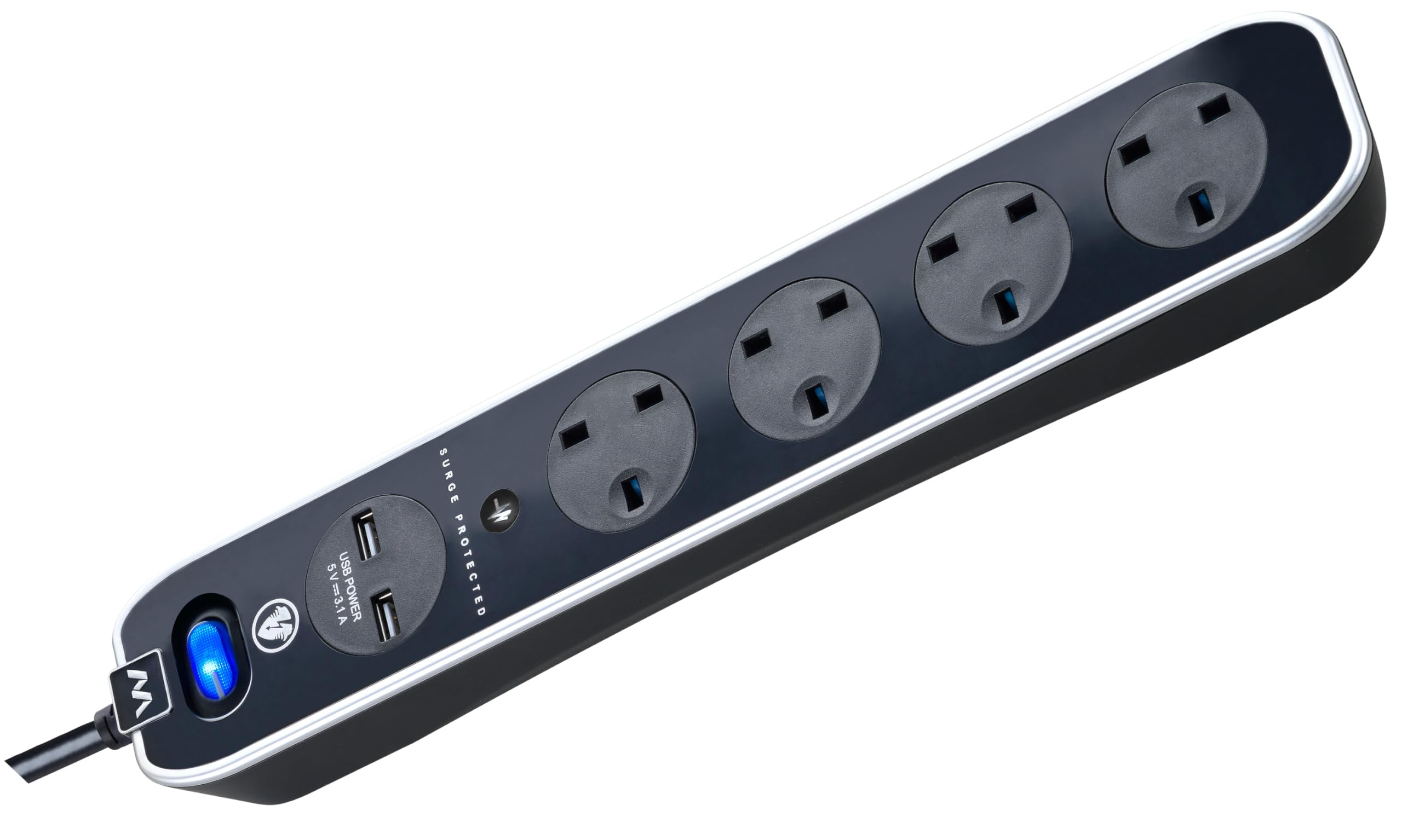 Masterplug  4 Socket Usb 2M Inline Extension Lead - Gloss Black - 2M