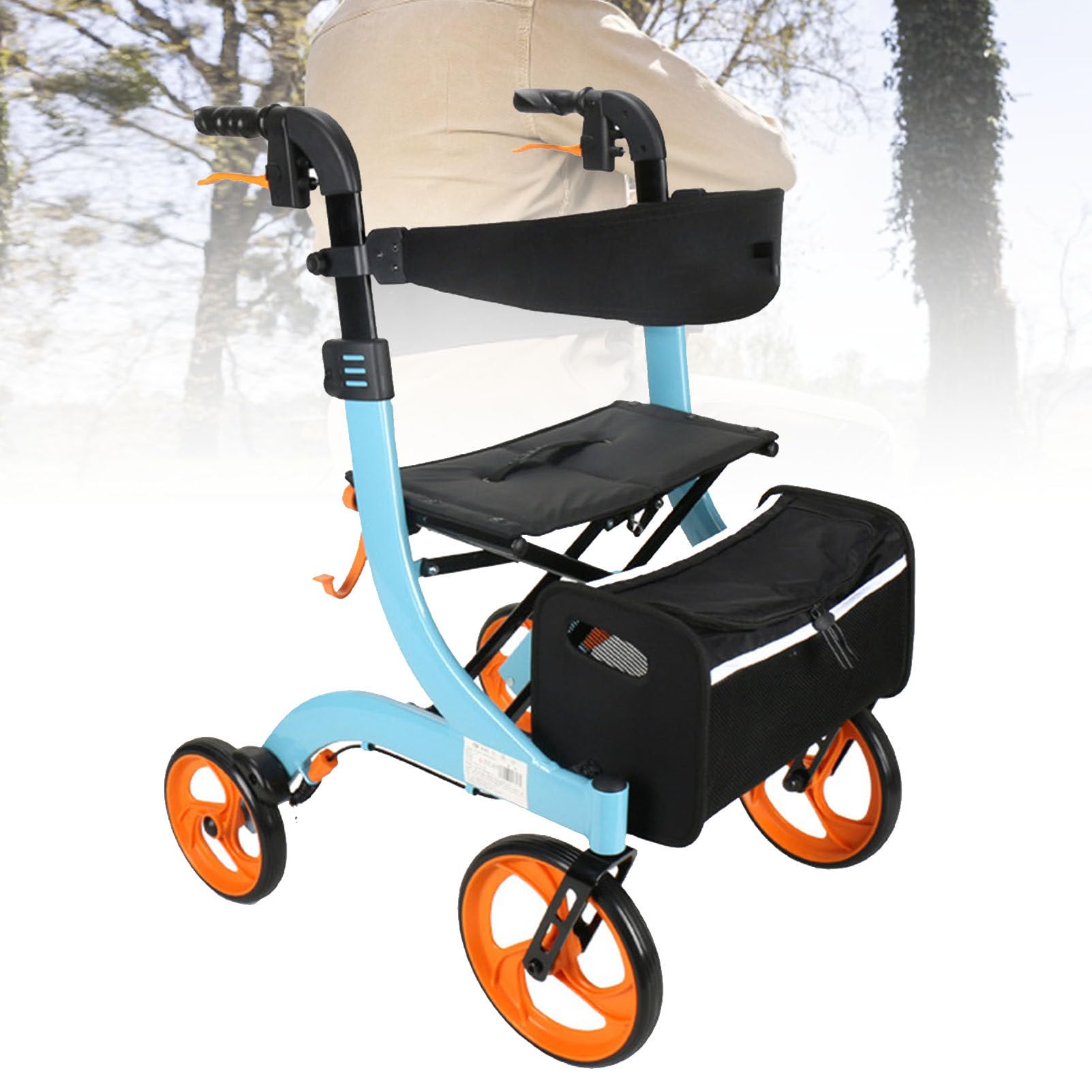 Deambulatore elettrico pieghevole per sedia a rotelle con doppio freno, sedile, borsa portaoggetti rimovibile, altezza regolabile, design leggero per anziani e disabili