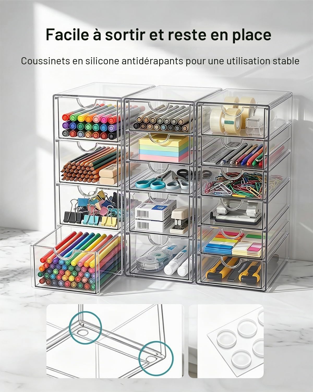 GoMaihe Organisateur de Maquillage 15 Tiroirs, Lot de 3 Rangement de Bureau Transparent Antipoussière