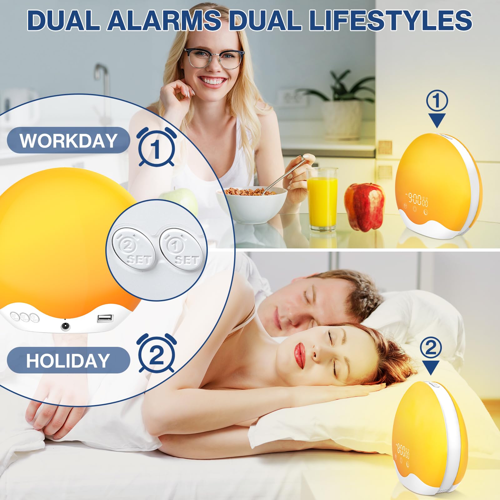 Wake-up Light Sveglia Alba con Touch Screen Leggero,Sveglia con Illuminazione su Due Lati per chi Dormi Pesanti,Doppio Allarme e Snooze,Luce Notturna a 12 Colori Aiuta a Dormire FM