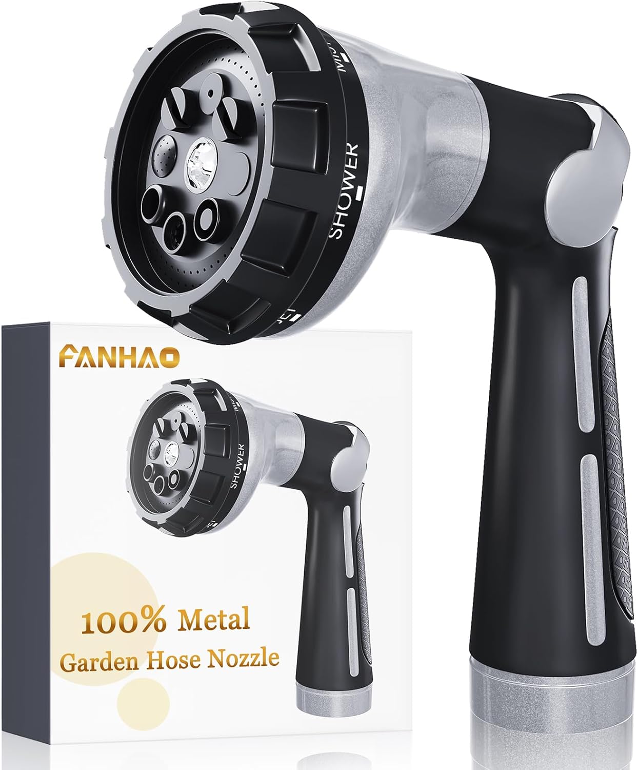 FANHAO Garden Hose Nozzle Heavy Duty, 100% Metal Water Hose Sprayer with 8 Spray Patterns, High Pressure Spray Nozzle Thumb Control On Off Valve for Outdoor Lawn & Plant Watering, Car & Pet Washing