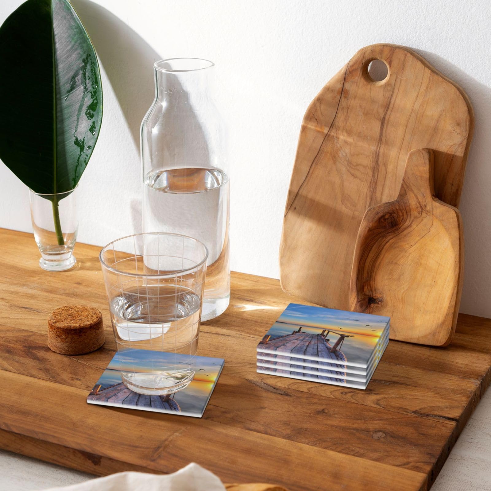 Lot de 4 dessous de verre en céramique Motif lac sous le coucher du soleil