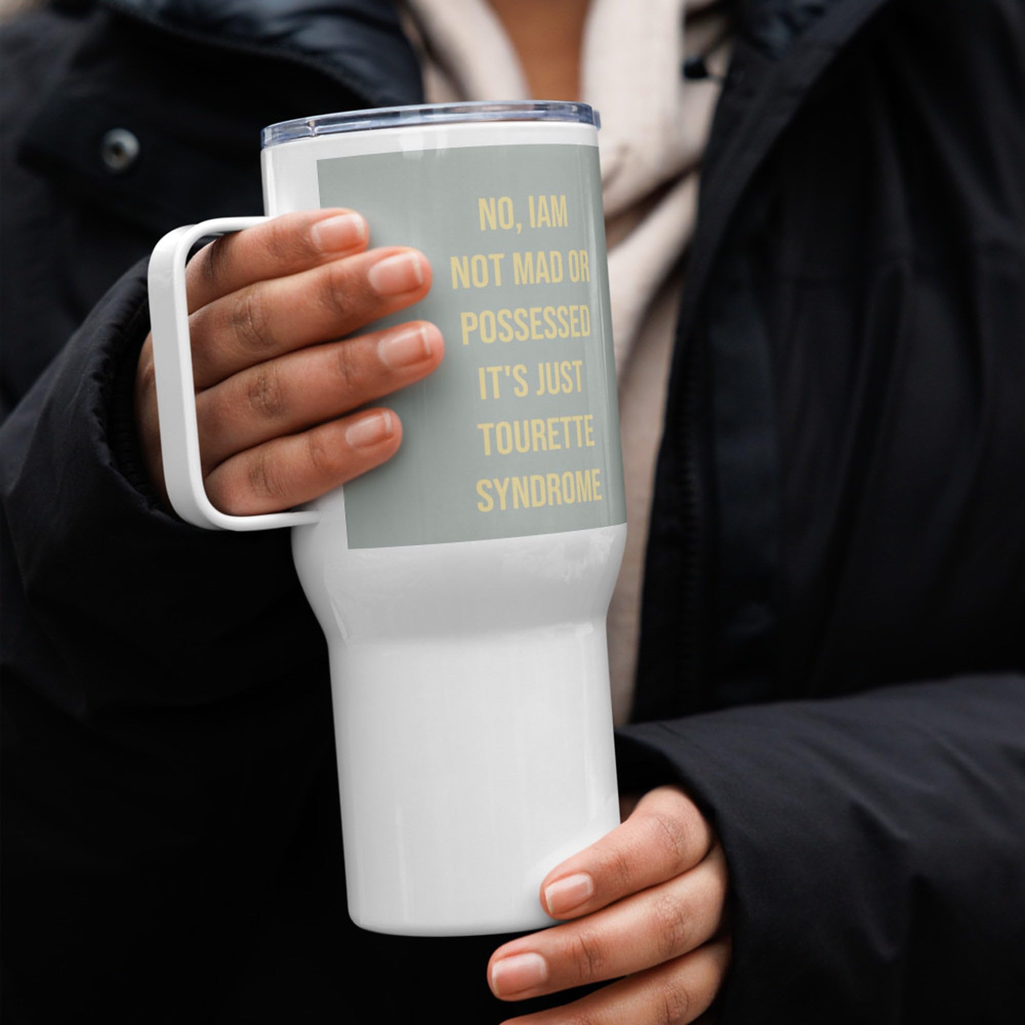 Taza de Viaje Síndrome de Tourette con Asa, Regalo para la Comunidad Tourette