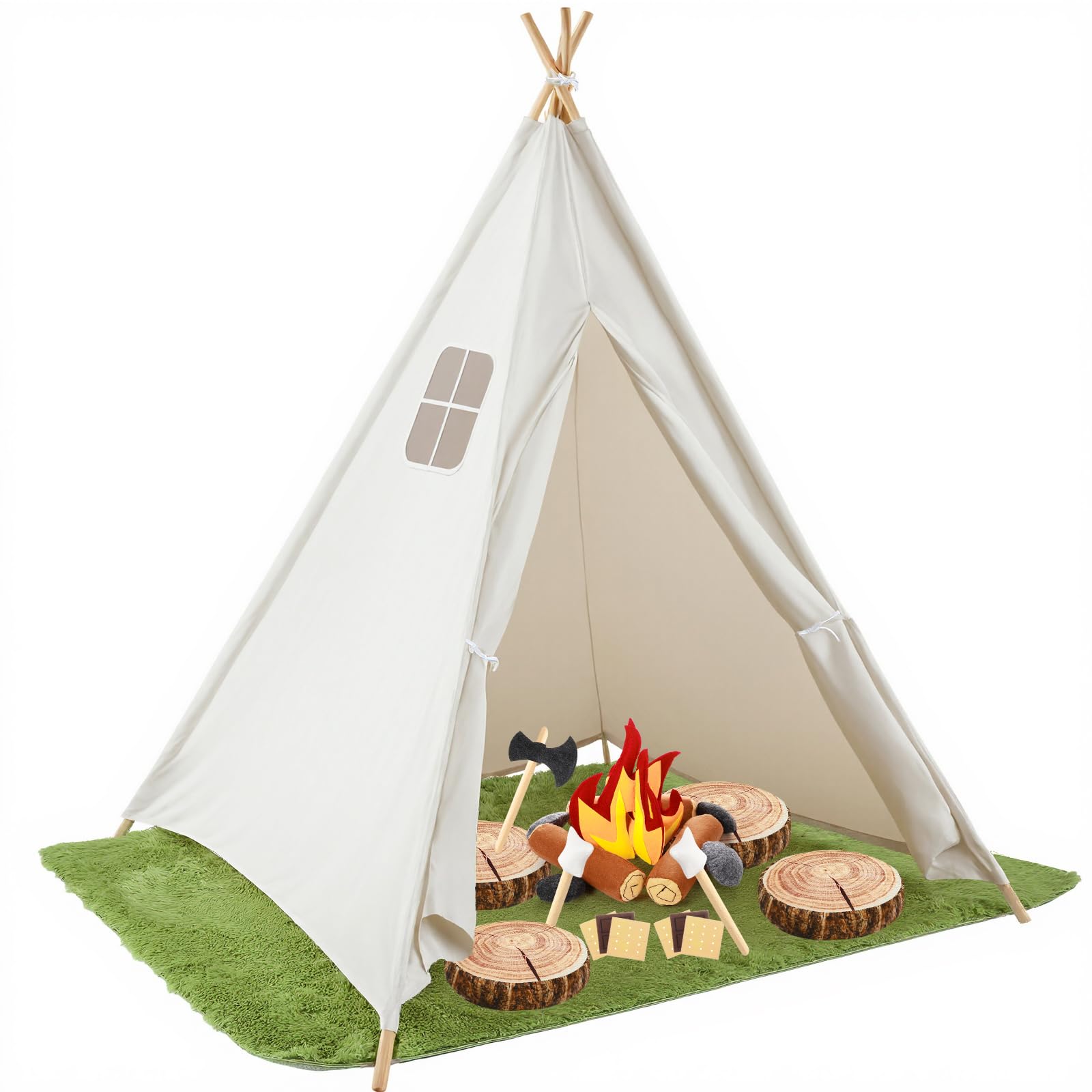 Kigley 27 Pcs Pretend Camping Play Set Includes Kid Teepee Beige Indoor Play Tent Felt Campfire Toys Wooden Print Throw Pillow Floor Cushion Fluffy Carpets for Boy Girl Adult Dramatic Play Decoration - Image 9