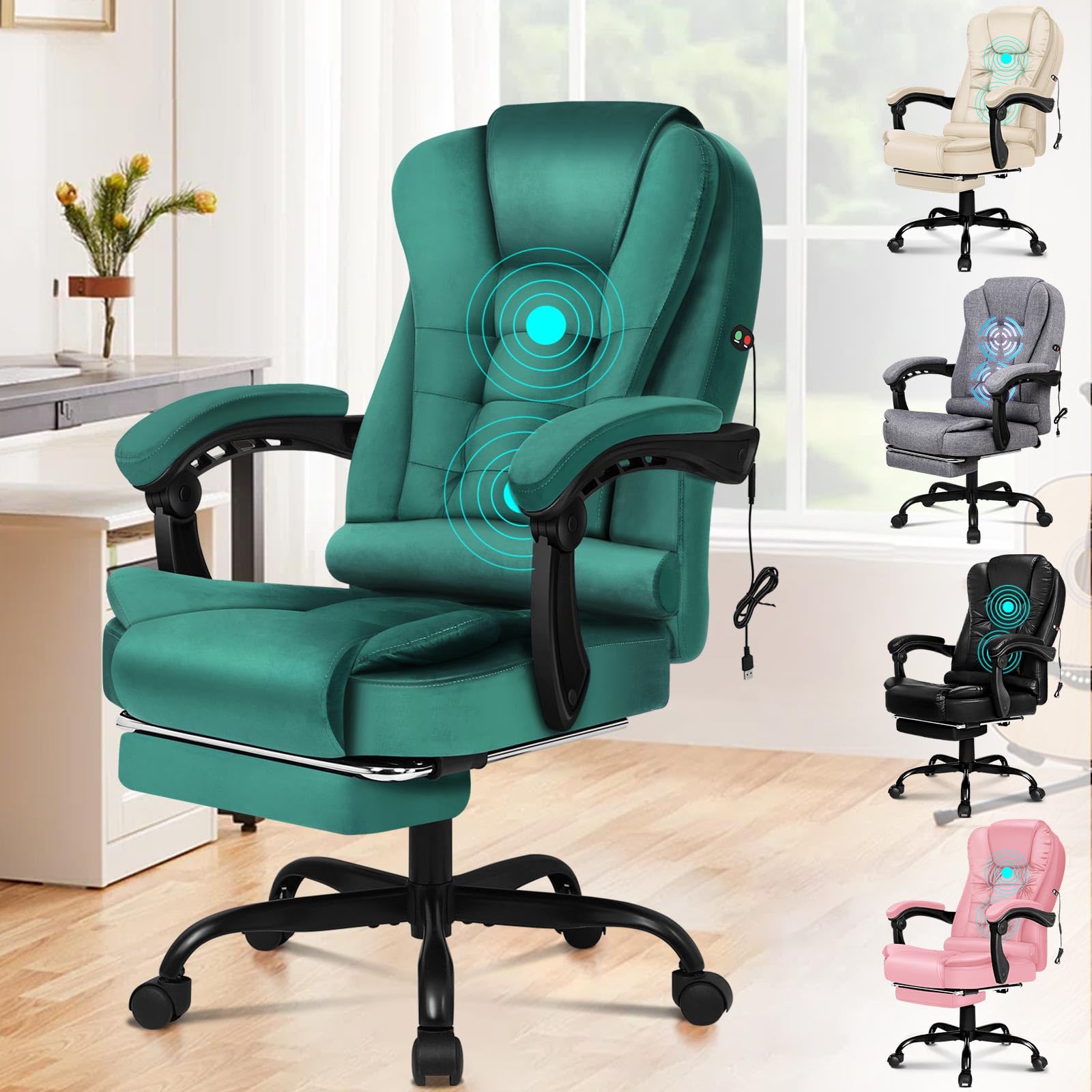 ALFORDSON Chefsessel Bürostuhl Massage Schreibtischstuhl 150°-Neigung, Computerdrehstuhl, ergonomischer Drehstuhl Ausziehbare Fußstütze, höhenverstellbarer,belastbar 180 kg, WildPU-Leder, Grün