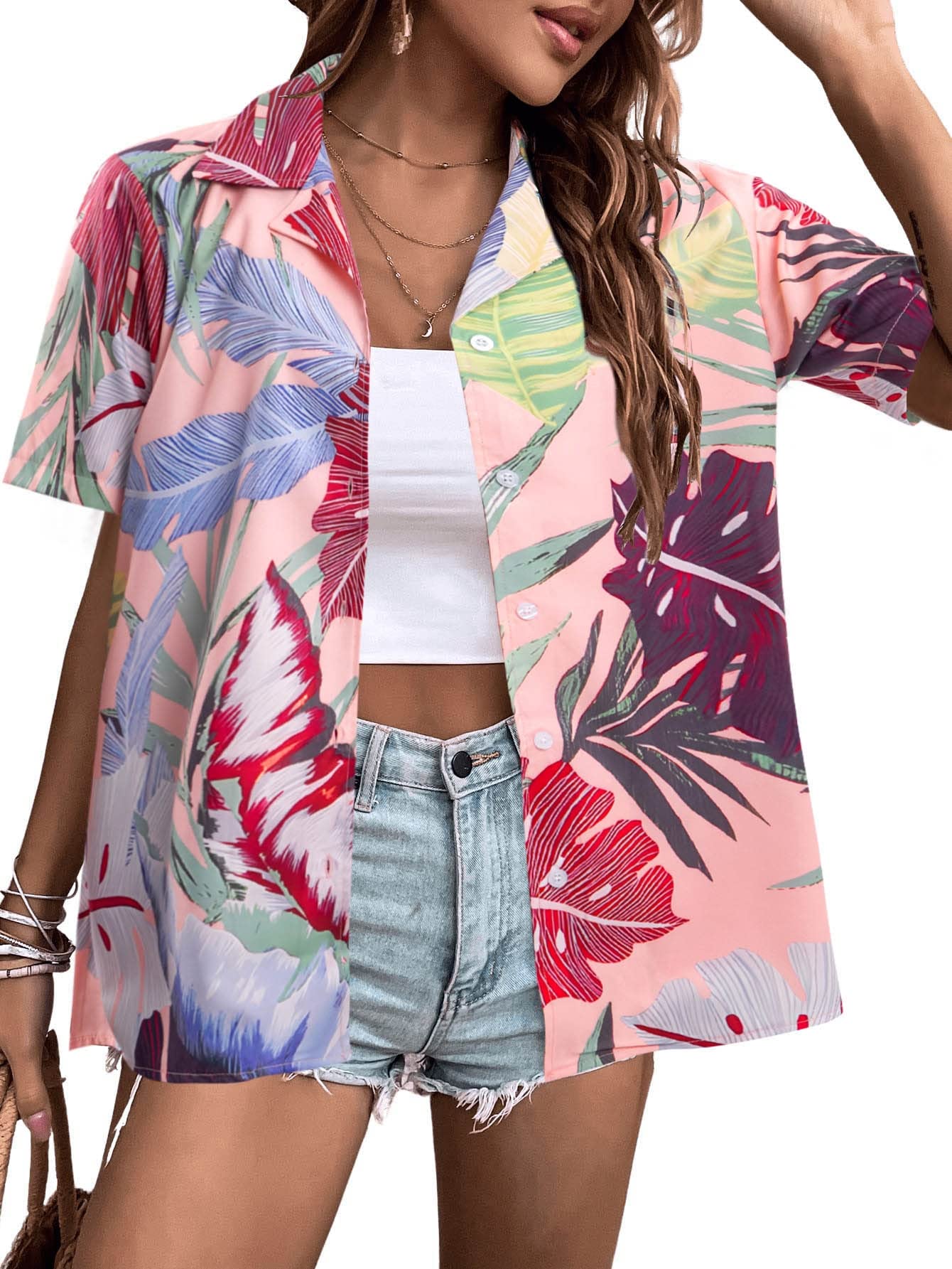 Women Hawaii Shirts: Soft Cool Floral Tropic Print V Neck Summer Tops Short Sleeve Button Up Tops T-Shirt