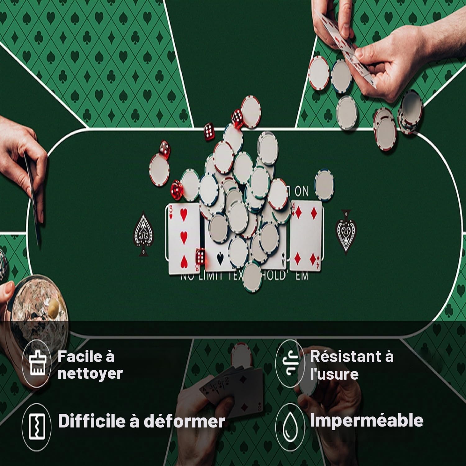 Tapis de poker Texas Hold'em pour 10 joueurs | Dessus de table de poker portable avec impression art déco, surface lisse de qualité supérieure, réduction du bruit, léger pour les jeux partout (vert,