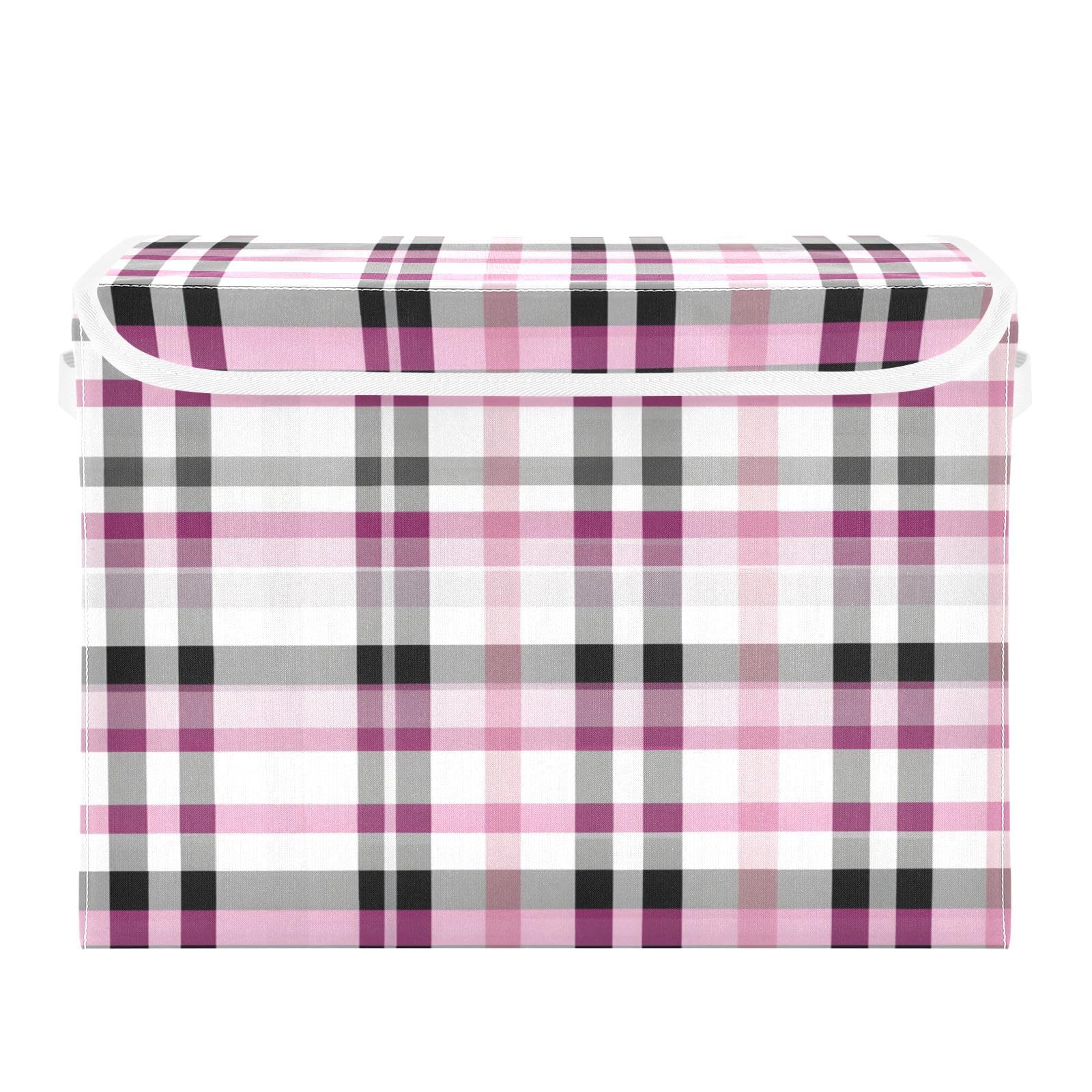 Ewusp Plaid Fabric Storage Bin with Lid, Decorative Foldable Storage Basket with Handles, Stackable Closet Shelf Organiser Box for Clothes, Books, Bedroom, Living Room