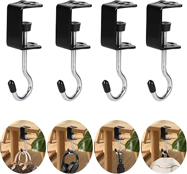 4 Pack Heavy-Duty Purse Hooks for Table & Desk - 50lb Capacity High-Strength Alloy Hanger, Multi-Use Organizer for Handbag, Backpack, Headphone, Keys, Space-Saving Office Table Accessories Black