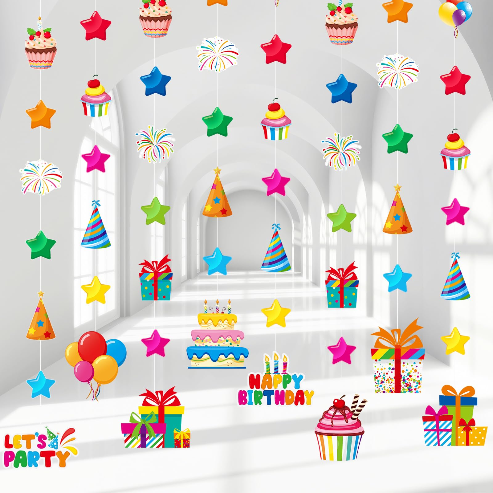 Daifunli 8 Pcs Happy Birthday Party Decorations Let's Party Garland Streamers Colorful Rainbow Birthday Theme Hanging Paper Cutouts Banner for Wall