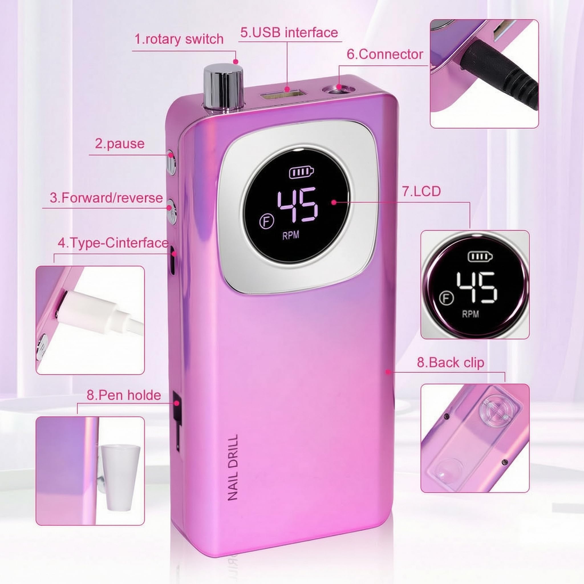 Taladro de uñas sin escobillas, taladro de uñas,Púrpura