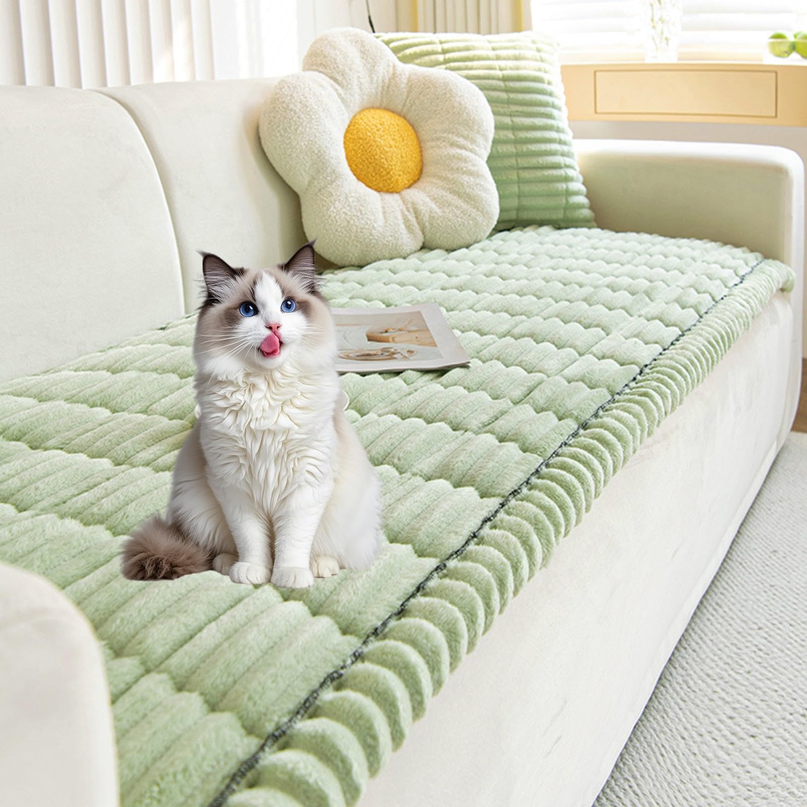 Housse de canapé de qualité supérieure - Protection antidérapante et lavable pour canapés 1/2/3/4 places (vert 80 x 210 cm) - Bouclier en fourrure Slish
