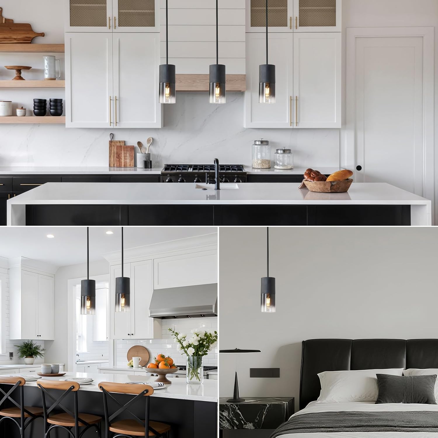 2-Pack Black Pendant Light Fixtures, Modern Pendant Lights for Kitchen Island with Adjustable Downrods, Industrial Glass Pendant Lights for Dining Table Hallway Bedroom