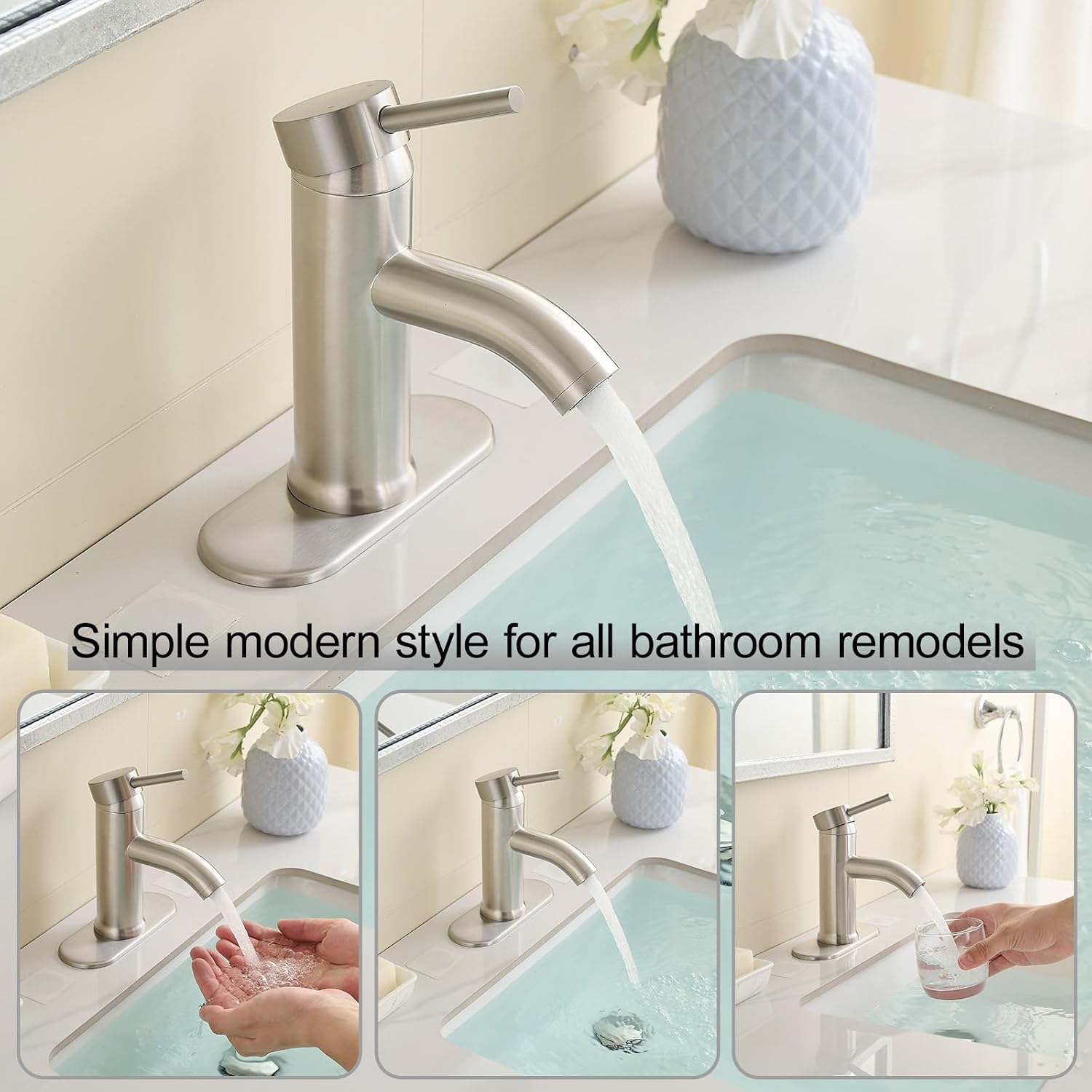 Bathroom Faucet Brushed Nickel PONAFOU Single Hole Bathroom Sink Faucet Single Handle with Pop-Up Drain and Deck for 1 Hole or 3 Hole