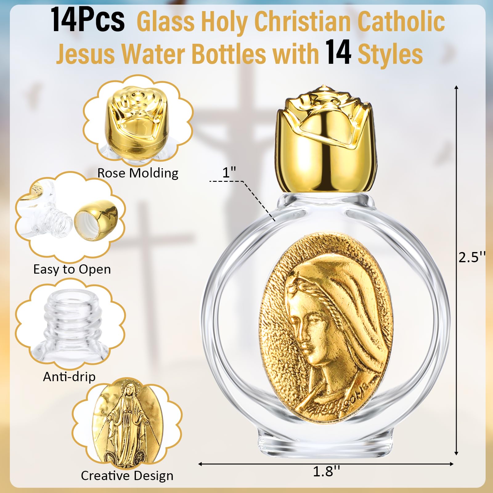 Domensi 14 Pcs Small Glass Holy Water Bottle Bulk 0.5 Floz Embossed Catholic Holy Water Bottles Empty Travel Girls Gifts for Church Events Baptisms Home Wedding(Gold)