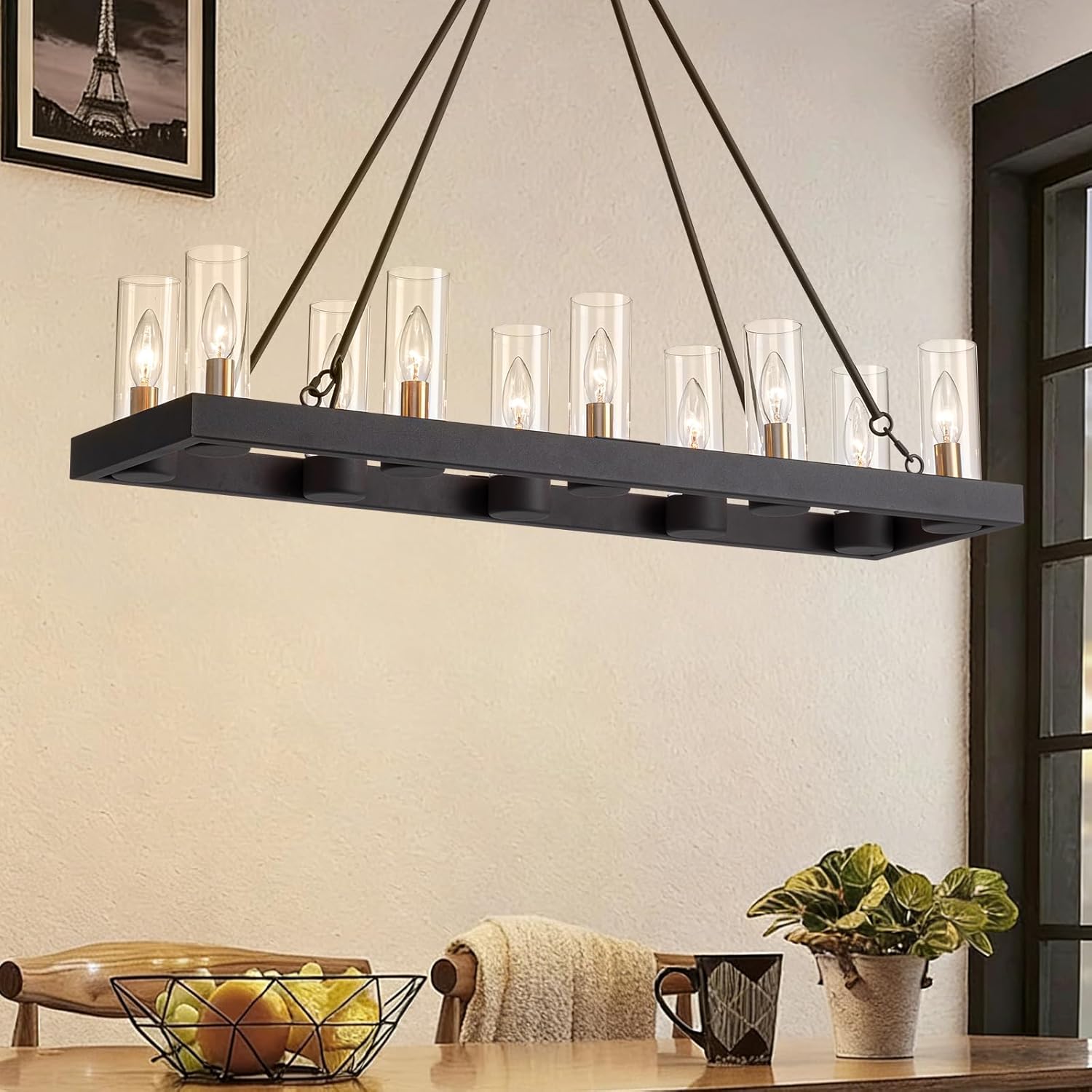 35.4" Farmhouse Rectangle Chandelier for Dining Room, 10-Light Black Hanging Fixture with 59" Adjustable Wires, Rustic Kitchen Island Ceiling Light