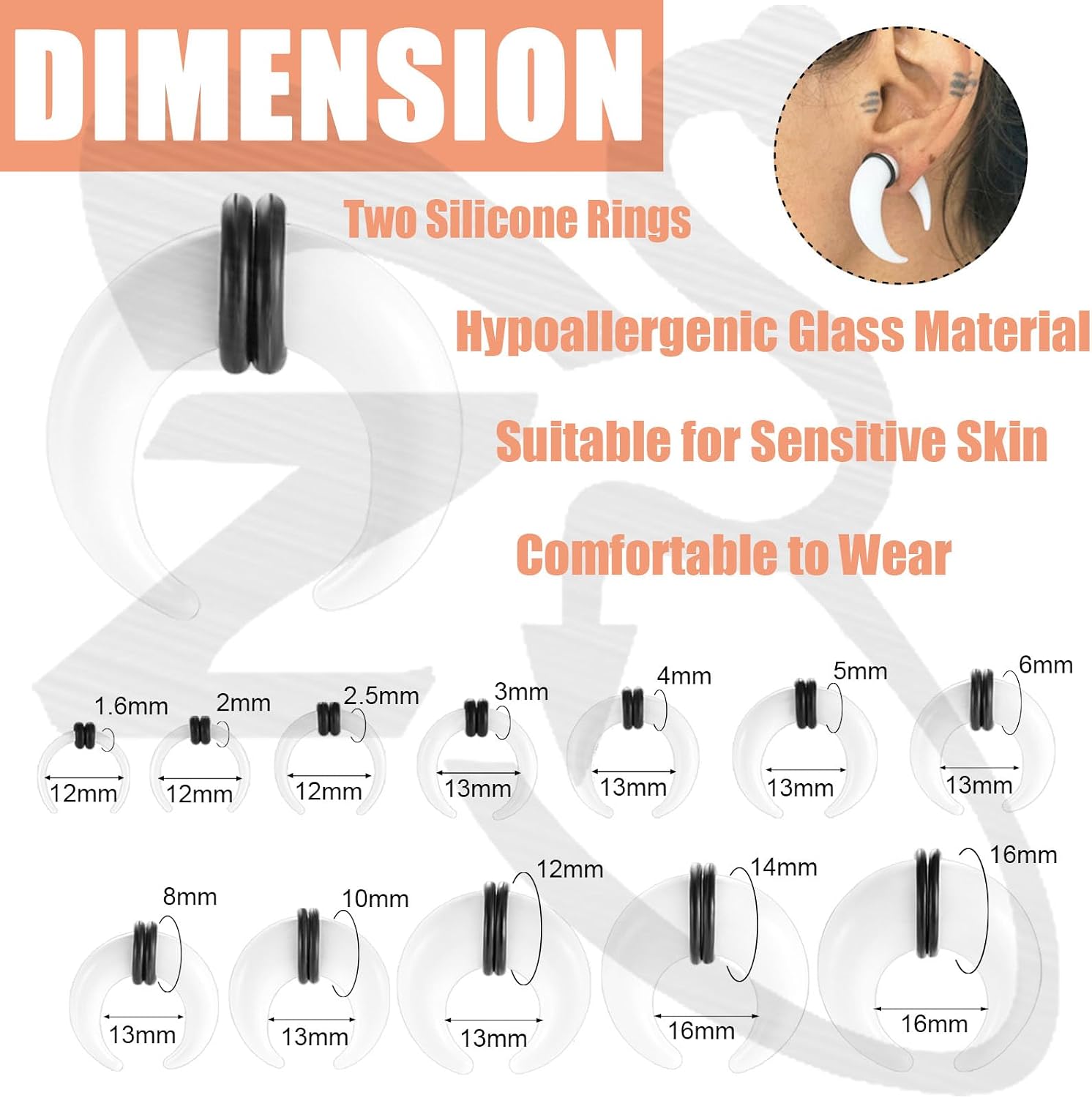 ZS 1 Pair Glass Septum Stretching Kit Set - C Shape Pincher Tapers with O-Rings, 14G to 5/8" Buffalo Septum Retainers Rings for Pierced Nose Ear