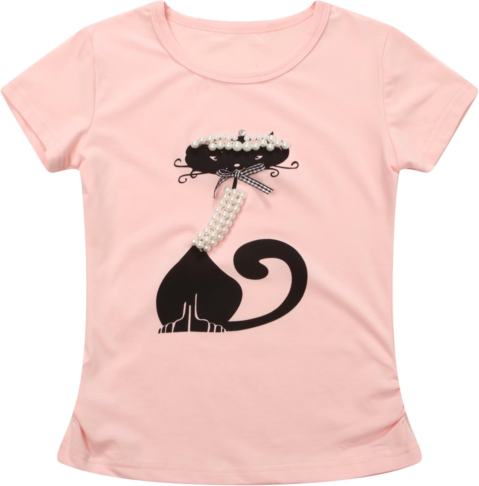 Richie House Little Girls' Short Sleeve T-Shirt with Cat and Pearls Rh1531