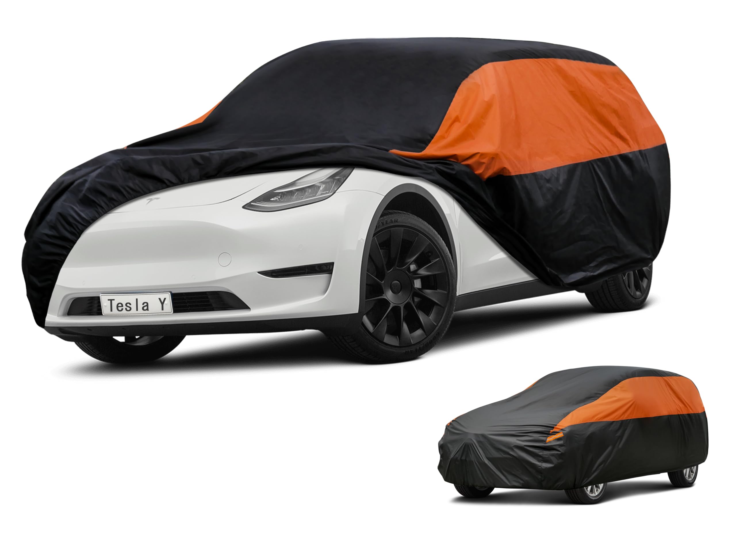 GUNHYI Waterproof Lightweight SUV Full Car Cover Custom Fit Tesla Y | All‑weather Outdoor sun/rain/dust/snow/wind/UV protection, breathable tear‑resistant fabric, black‑orange design,storage bag