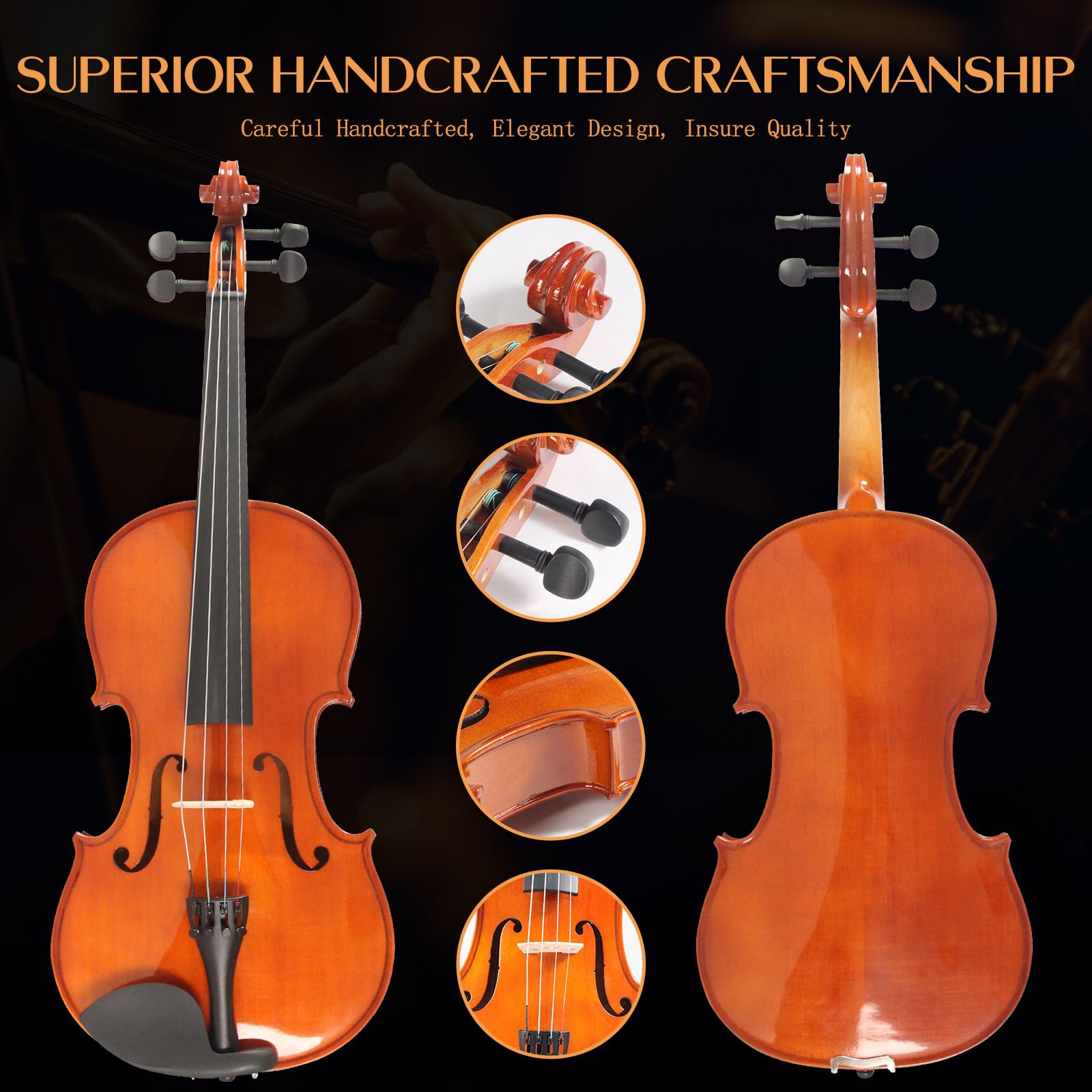 Violín acústico, kit de iniciación de violín 4/4 de tamaño completo para estudiantes principiantes, instrumento musical de cuerda de barniz natural con funda, arco, colofonia, puente, cuerdas