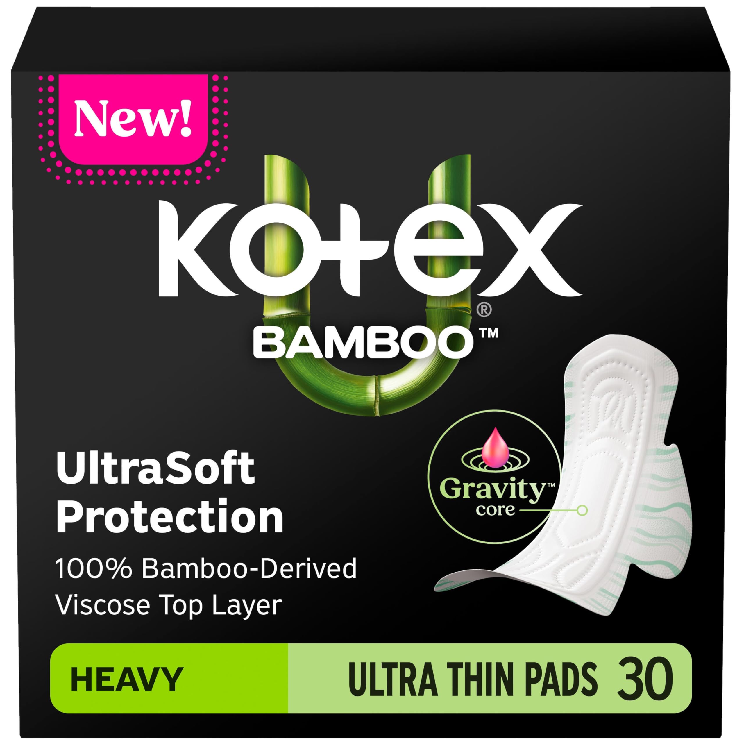 Kotex Bamboo Ultra Thin Pads with Wings Heavy Absorbency 30 Count Packaging May Vary