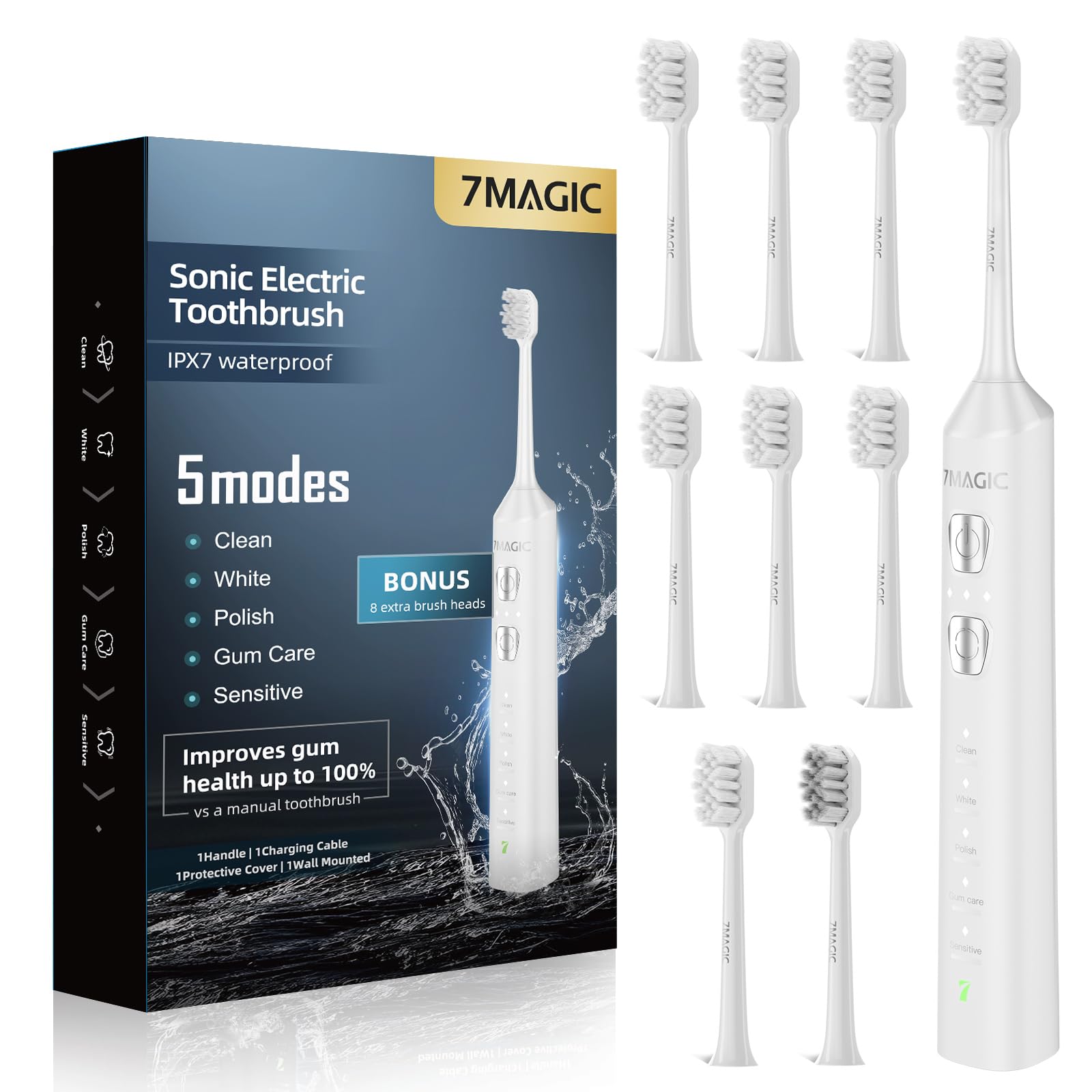 7MAGIC Sonic Electric Toothbrush, 180-Day Runtime, 42000 VPM, 8 Heads, White