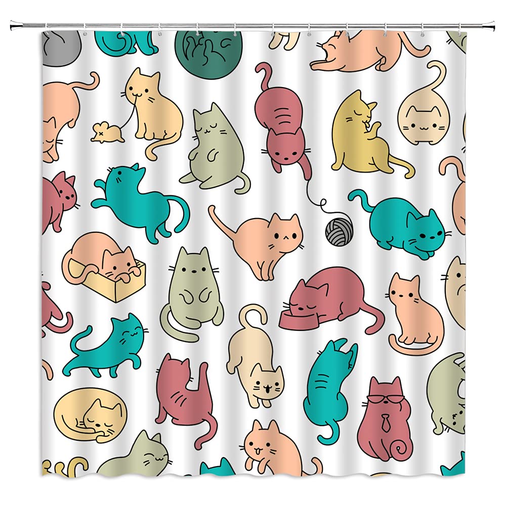 Sunhe Cute Cat Shower Curtain Lovely Cartoon Kitty Cat Kitten Funny Colorful Animal Pattern for Pet Lovers Kids Girls Nursery Multicolor Hipster Abstract Fabric Bathroom Decor Curtain with Hooks