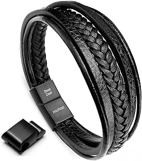 murtoo Men's Stainless Steel Leather Natural Stone Braided Bracelet with Magnetic Clasp (Black, Best Dad, 22.5)
