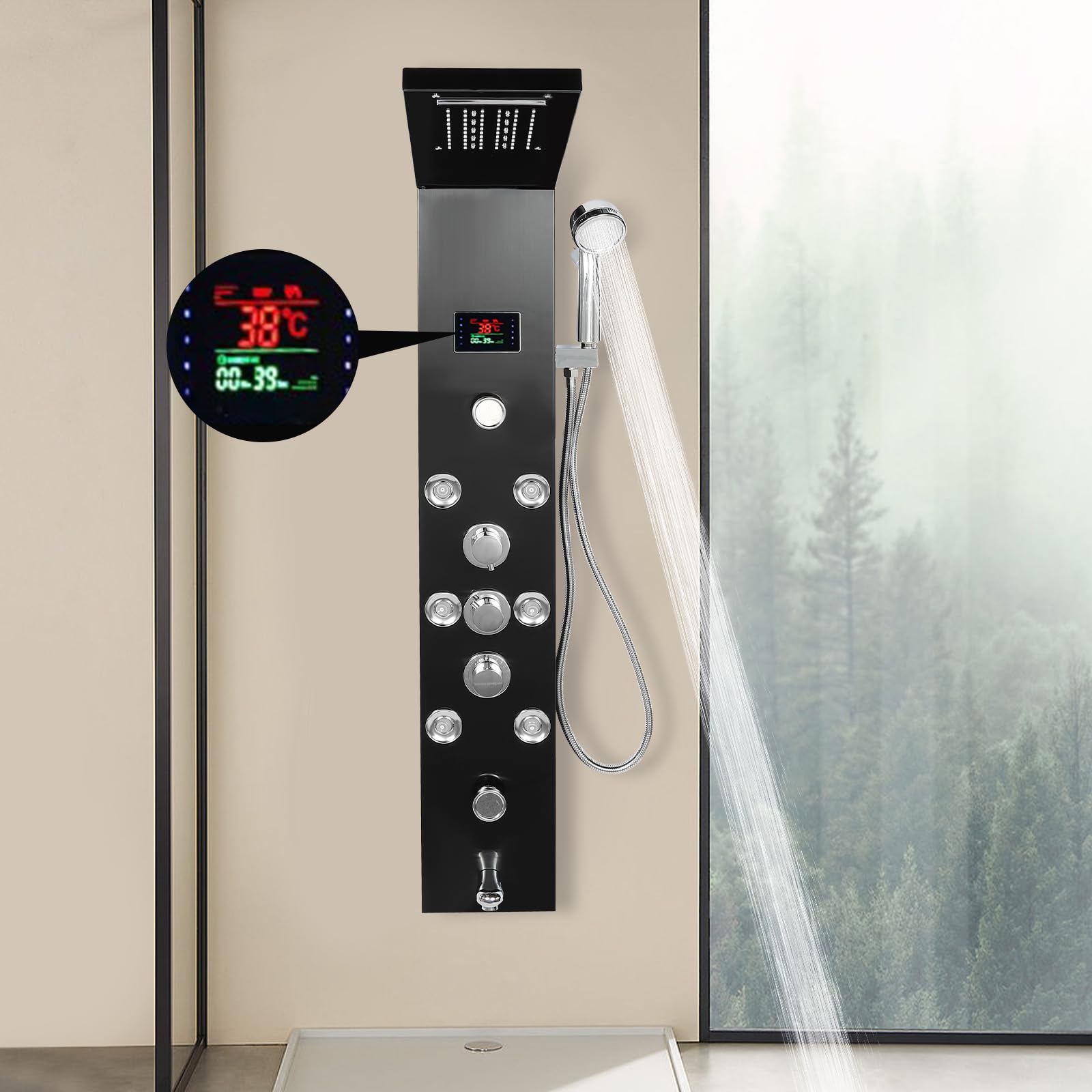 Panel de ducha de acero inoxidable LED negro, columna de ducha, de ducha, ducha de lluvia, alcachofa de mano, juego de 8 boquillas de masaje, para hoteles, hogares, centros de baño, resorts